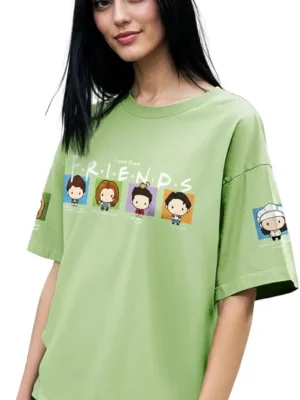 bewakoof women's 100% cotton graphic print oversized fit round neck t shirt