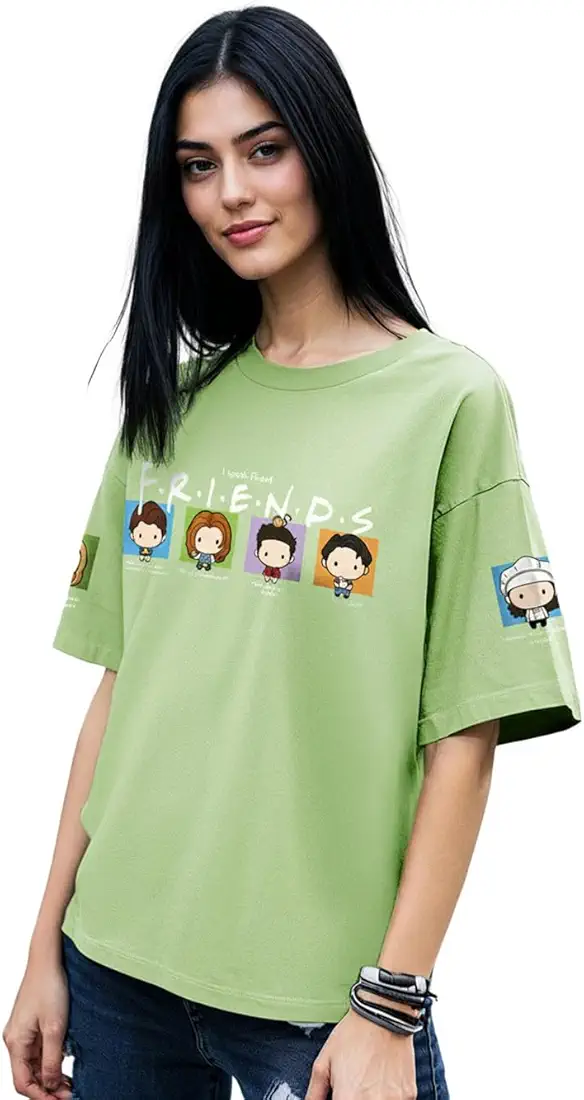 bewakoof women's 100% cotton graphic print oversized fit round neck t shirt