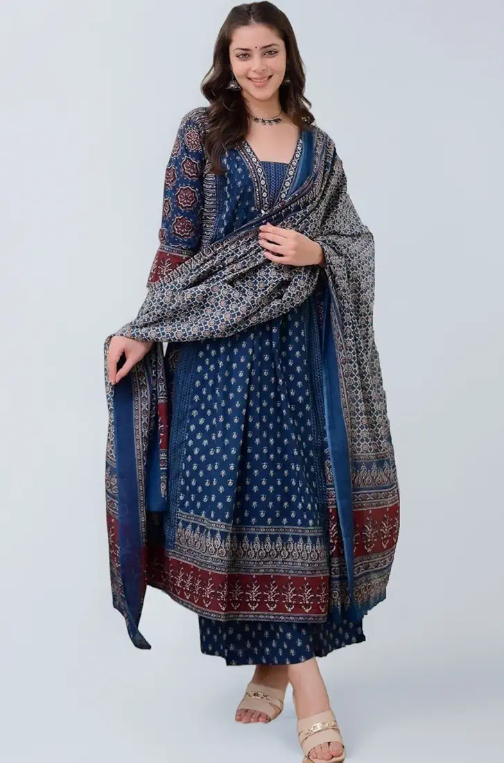 klosia women's rayon printed anarkali kurta set