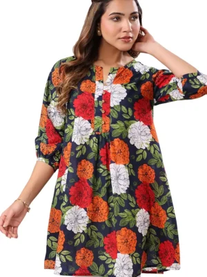 janasya women's pure cotton floral printed a line tunic