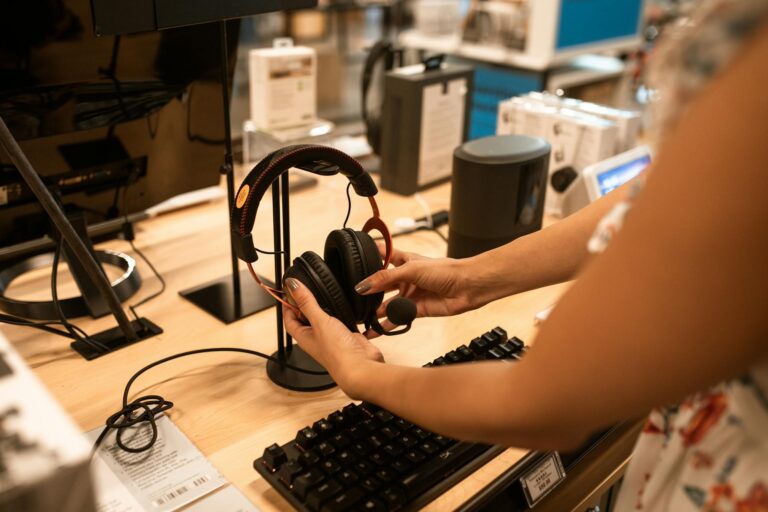 A woman examines headphones in an electronics store, focusing on the audio device's features.