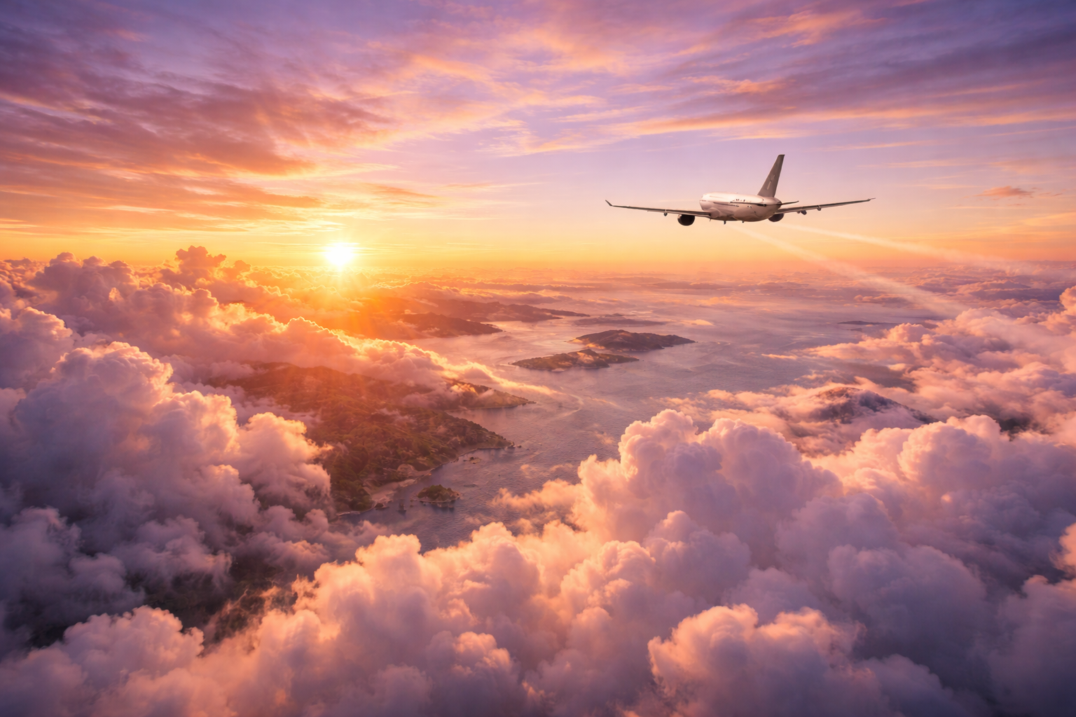 airplane flying during sunset above clouds