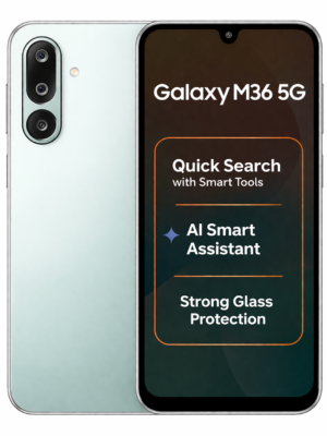 Samsung Galaxy M36 5G Mobile (Serene Green, 8GB RAM, 256GB Storage),Google Gemini Support,Gorilla Glass Victus+ Protection ,7.7mm Slim Design, AI-powered 50MP OIS Triple Camera,Night Mode Photography ,Smooth & Lag-free Gaming, Charger Not Included